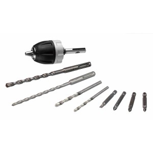Worx Bohrhammer WX390: Bohrer-Set mit Bohrfutter und verschiedenen Bohr- und Meißelaufsätzen.