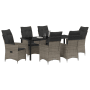 Graue 7-teilige vidaXL Garten Essgruppe aus Poly Rattan mit Tisch und Stühlen mit Kissen.