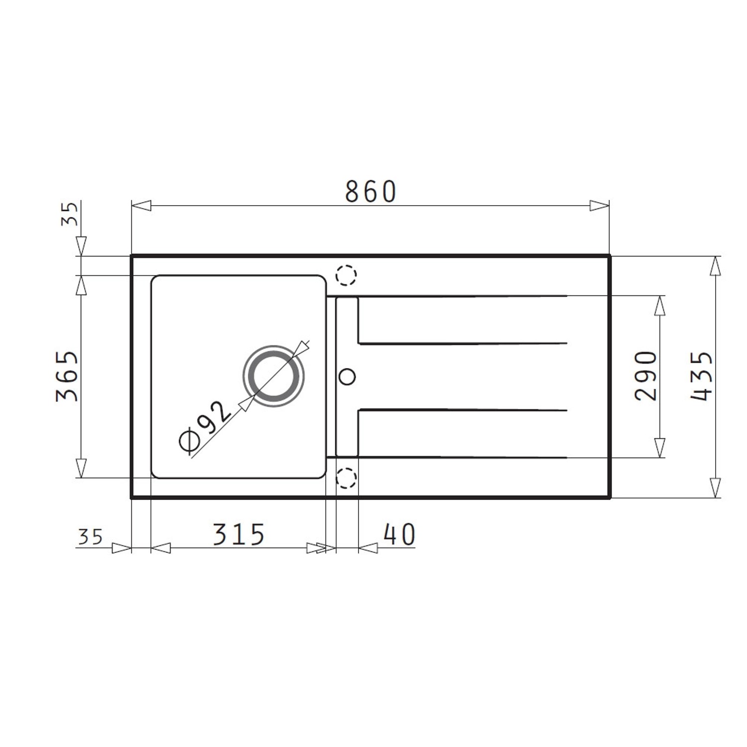 Technische Zeichnung der Pyramis Küchenspüle Athlos, 86x43,5 cm, mit Becken links und Abtropffläche rechts.