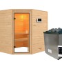 Karibu Sauna Elea Set naturbelassen mit Ofen und Steuerung. Massivholzsauna mit Eckeinstieg.