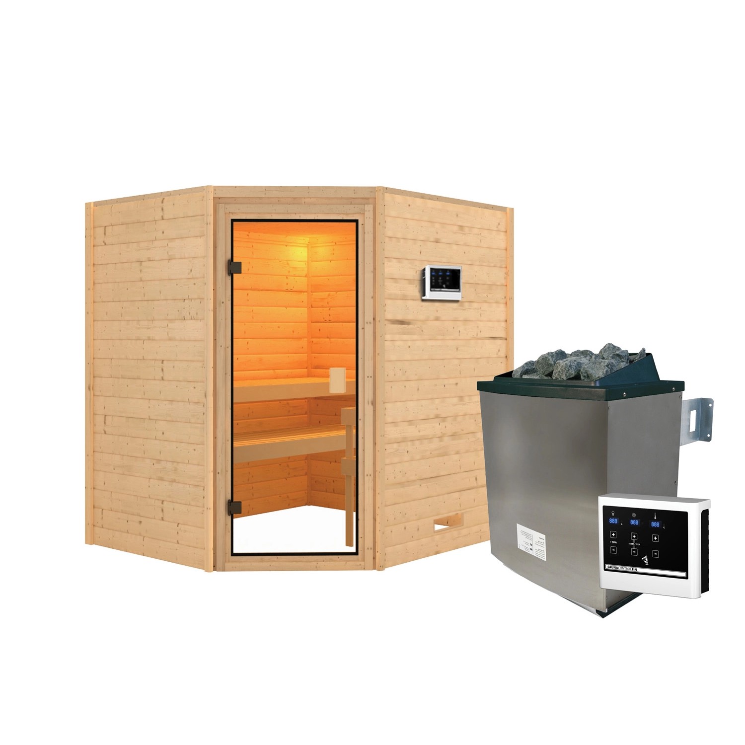 Karibu Sauna Elea Set Naturbelassen mit Ofen 9 kW ext. Steuerung