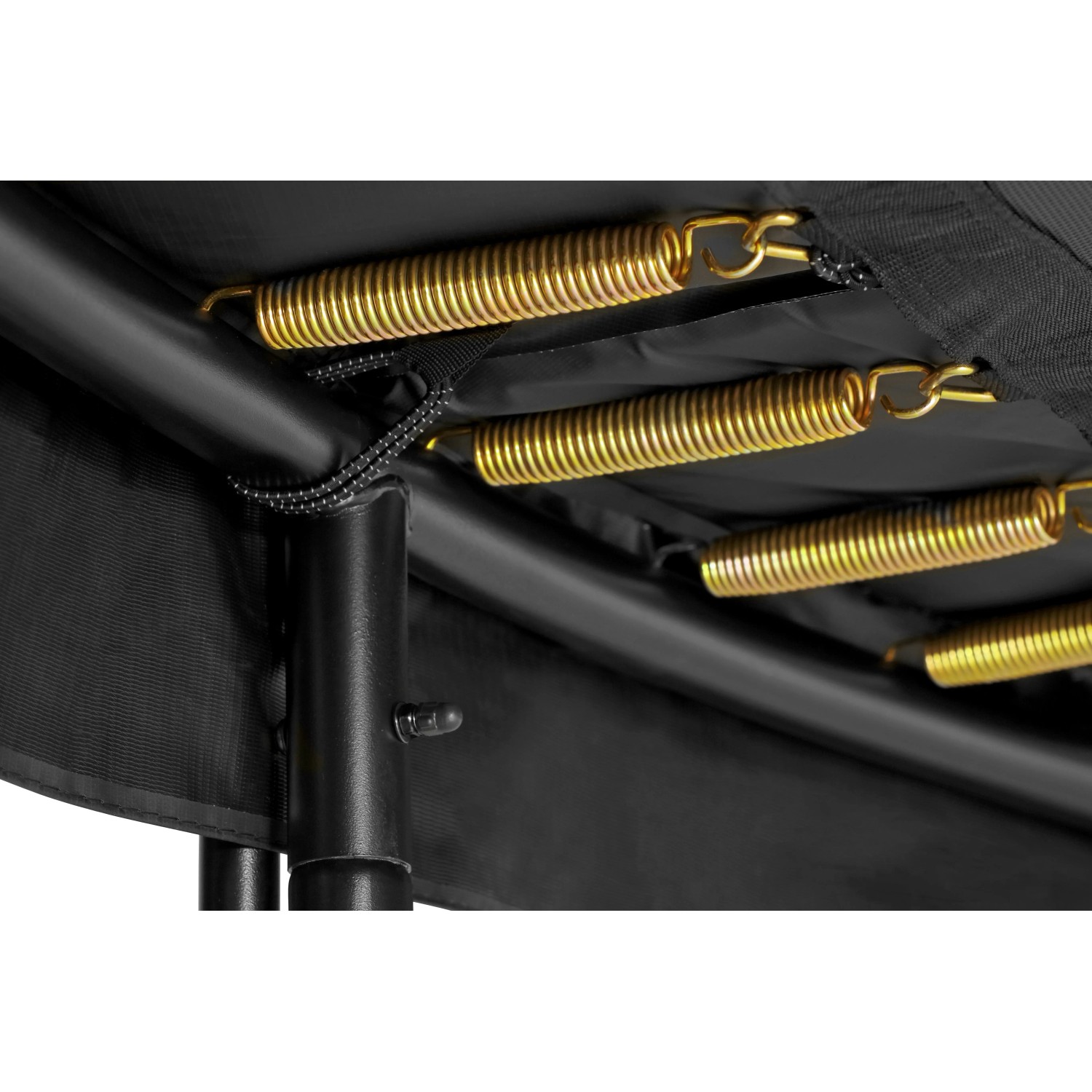 Detailaufnahme: Goldene Federn und schwarzer Rahmen des Salta Premium Gartentrampolins.