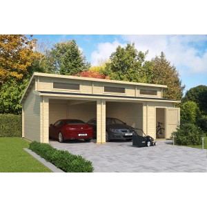 Lasita Garage Hawaii aus Holz, unbehandelt, mit zwei Autos und Gartengeräten.