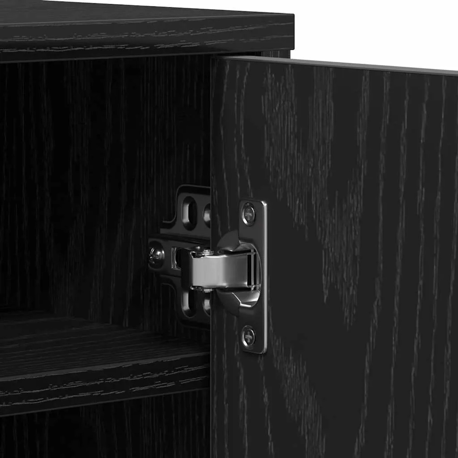 Detailaufnahme: Scharnier an Tür von vidaXL Schuhschrank in Schwarz Eichen-Optik.