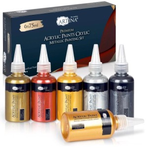 Artina Metallic Acrylfarbenset, 6 Farben (Gold, Silber, Schwarz, Rot u.a.), je 75ml. Künstlerfarben für Leinwand & mehr.