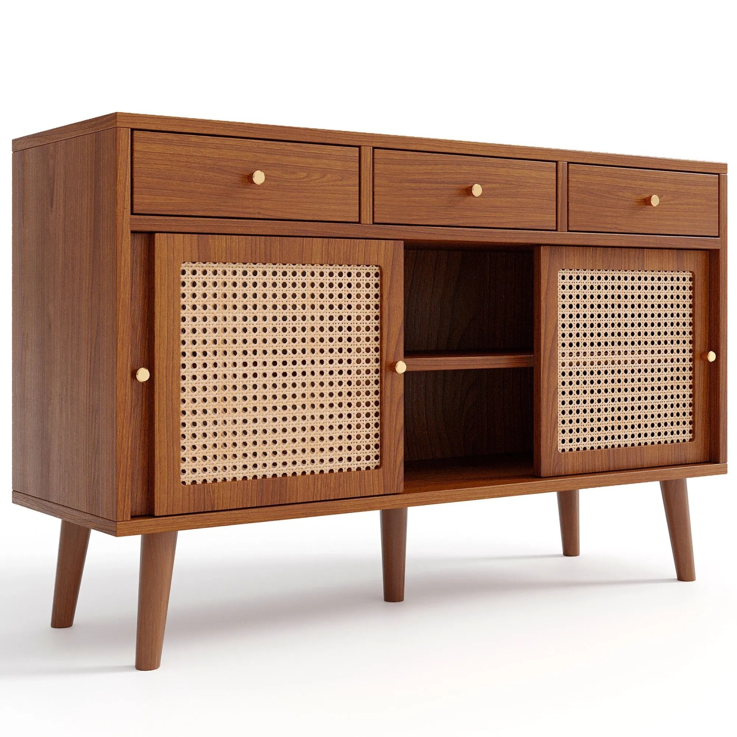 okwish Sideboard mit 3 Schubladen 3 Schiebetüren Rattan Wohnzimmer 120x78x40cm Braun