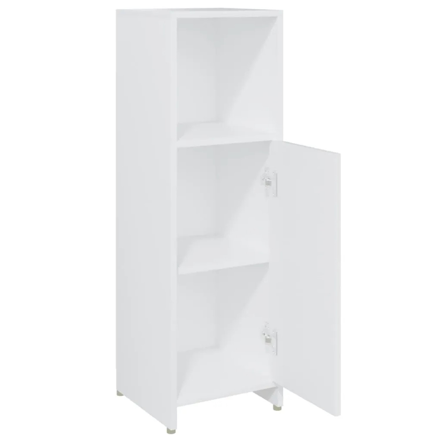 Weißer Badezimmerschrank (30x30x95 cm) mit Tür und Fächern aus Holzwerkstoff.