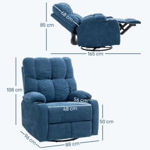 Blauer HOMCOM Relaxsessel aus Polyester mit Liegefunktion und ausfahrbarer Fußstütze, Maße eingeblendet.