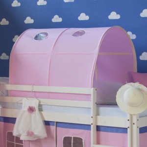 Rosa Homestyle4u Betttunnel für Hochbett, Bogenzelt aus Baumwolle mit Fenstern, auf weißem Bettgestell.