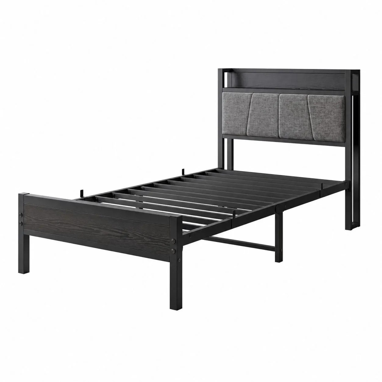 okwish Polsterbett mit Steckdose USB-Ladeanschlüssen Jugendbett 90x200cm Grau