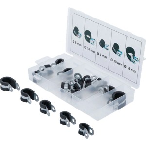 Gummierte Schlauchklemmen Sortiment (6-16 mm) in transparenter Sortierbox. Verzinkte Klemmfittings für sichere Befestigung.