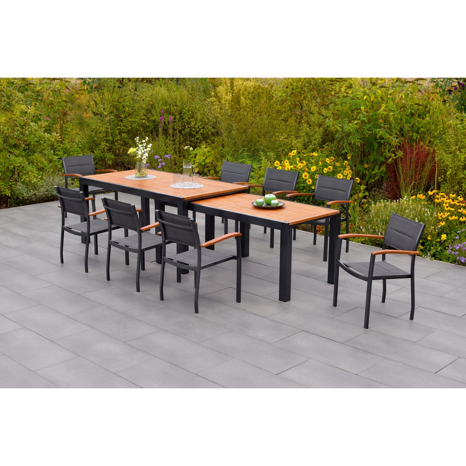 Merxx Paxos Set 9-tlg. 9 Stapelsessel Flex-Gartentisch Ausziehbar