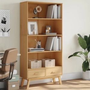 Braunes Bücherregal OLDEN mit 4 Fächern und 2 Schubladen aus Kiefernholz.