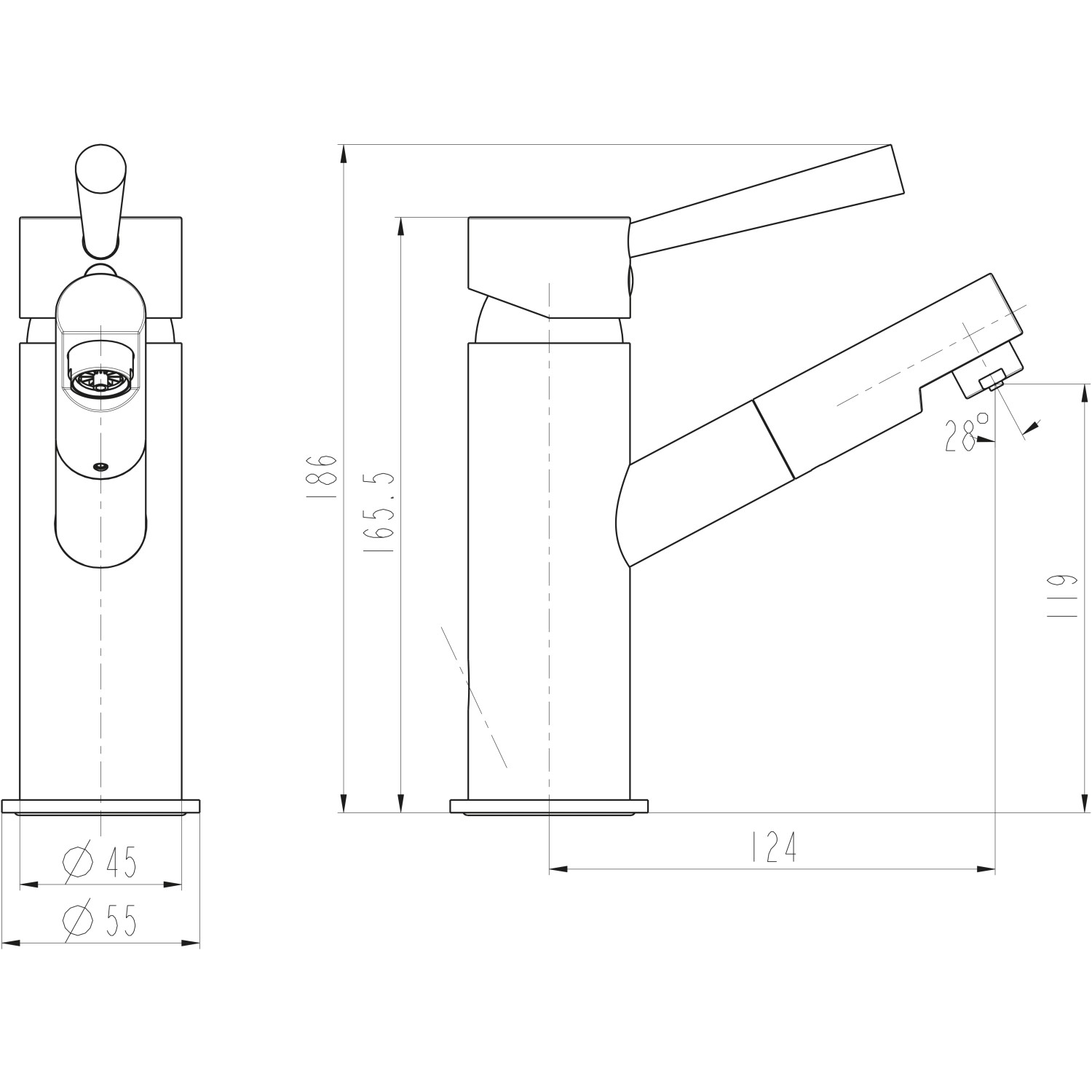 Skizze der Schütte Waschbeckenarmatur Cornwall Niederdruck in Chrom mit Maßangaben.