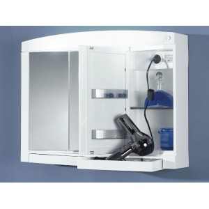 Jokey Spiegelschrank Swing, 76x58 cm, weiß hochglanz, mit geöffneten Türen und Innenleben.