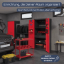 DELUKE Werkzeugschrank mit Lochwand, 185x92x50cm, Anthrazit-Rot, in Werkstatt mit Werkzeug.