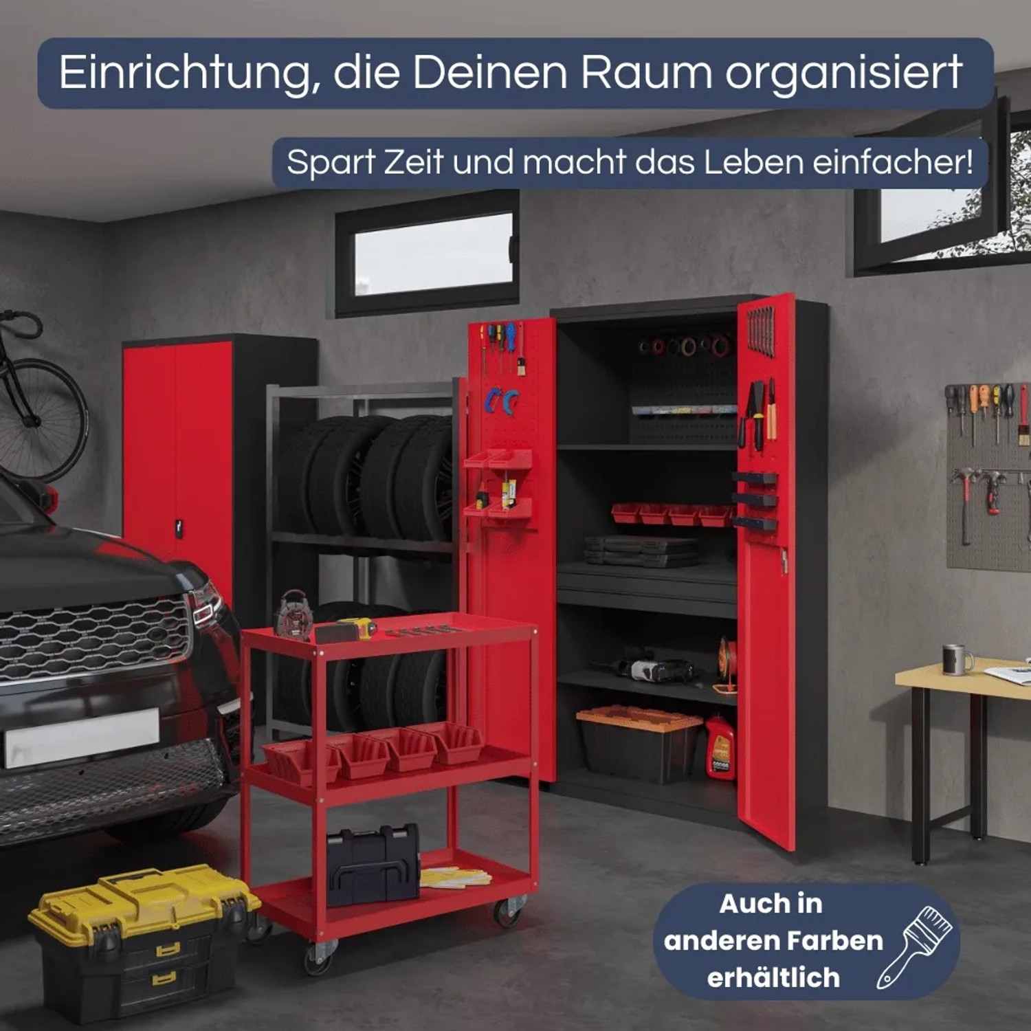 DELUKE Werkzeugschrank mit Lochwand, 185x92x50cm, Anthrazit-Rot, in Werkstatt mit Werkzeug.