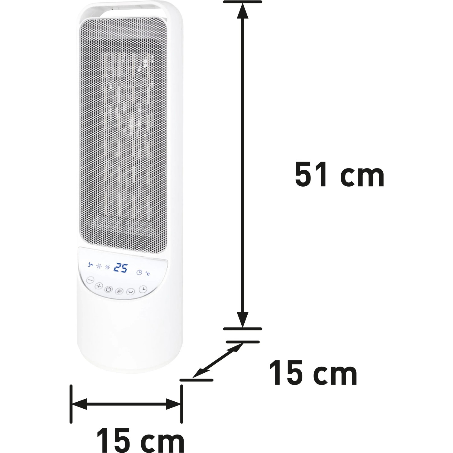 Weißer Keramik-Heizlüfter Nagu, 2000 W, mit LED-Anzeige und Maßangaben.