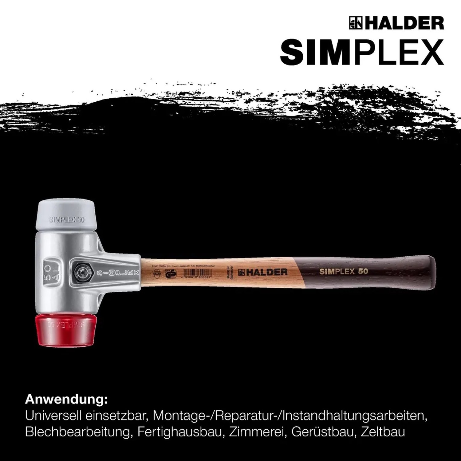 Halder Simplex Schonhammer mit grauem TPE-mid und rotem Kunststoff-Einsatz, Aluminiumgehäuse und Holzstiel.