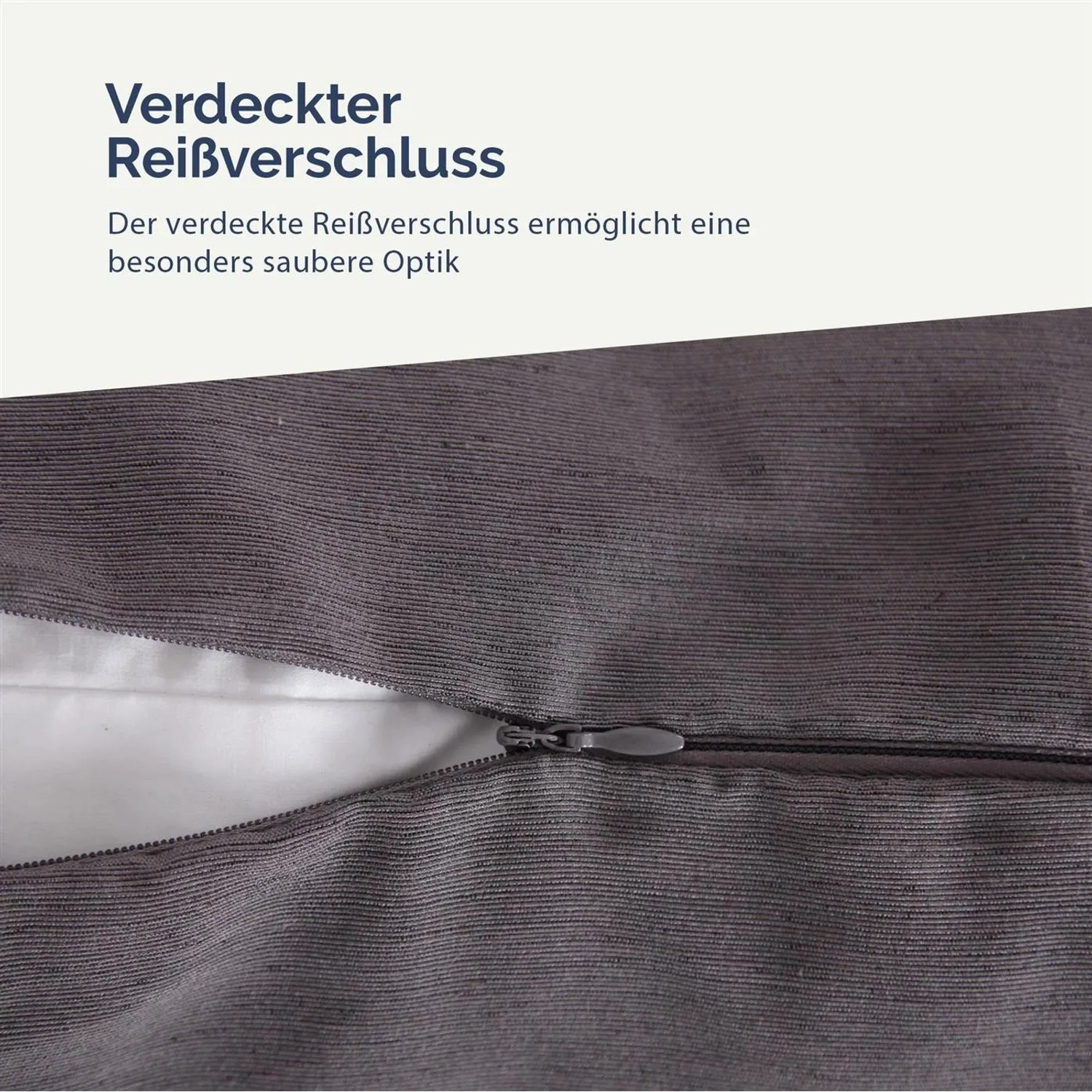 Detailaufnahme: Graue Bestlivings Kissenhülle Joy 60x60 mit verdecktem Reißverschluss.