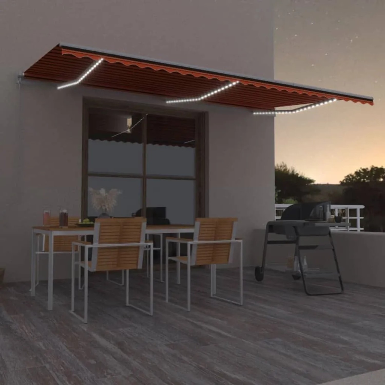 Ausgezogene, orange-braune vidaXL Markise mit LED-Beleuchtung an Hauswand.