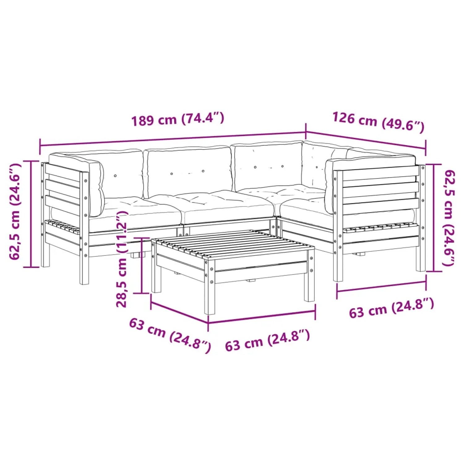 vidaXL 5-tlg. Garten-Sofagarnitur, wachbraun, Kiefernholz mit Kissen, Maße dargestellt.