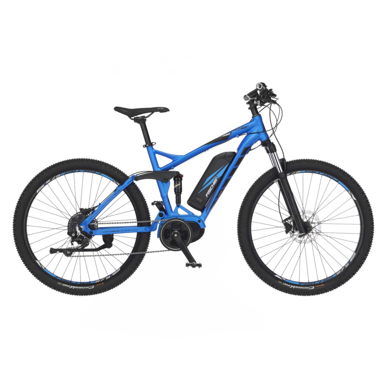 Blaues Fischer E-Bike Montis EM 1862, 48 cm Rahmenhöhe. Sportliches E-Mountainbike.
