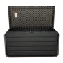 Geöffnete, graue Lifetime Kissenbox (625 l) aus Kunststoff. Ideal zur Aufbewahrung von Gartenutensilien.