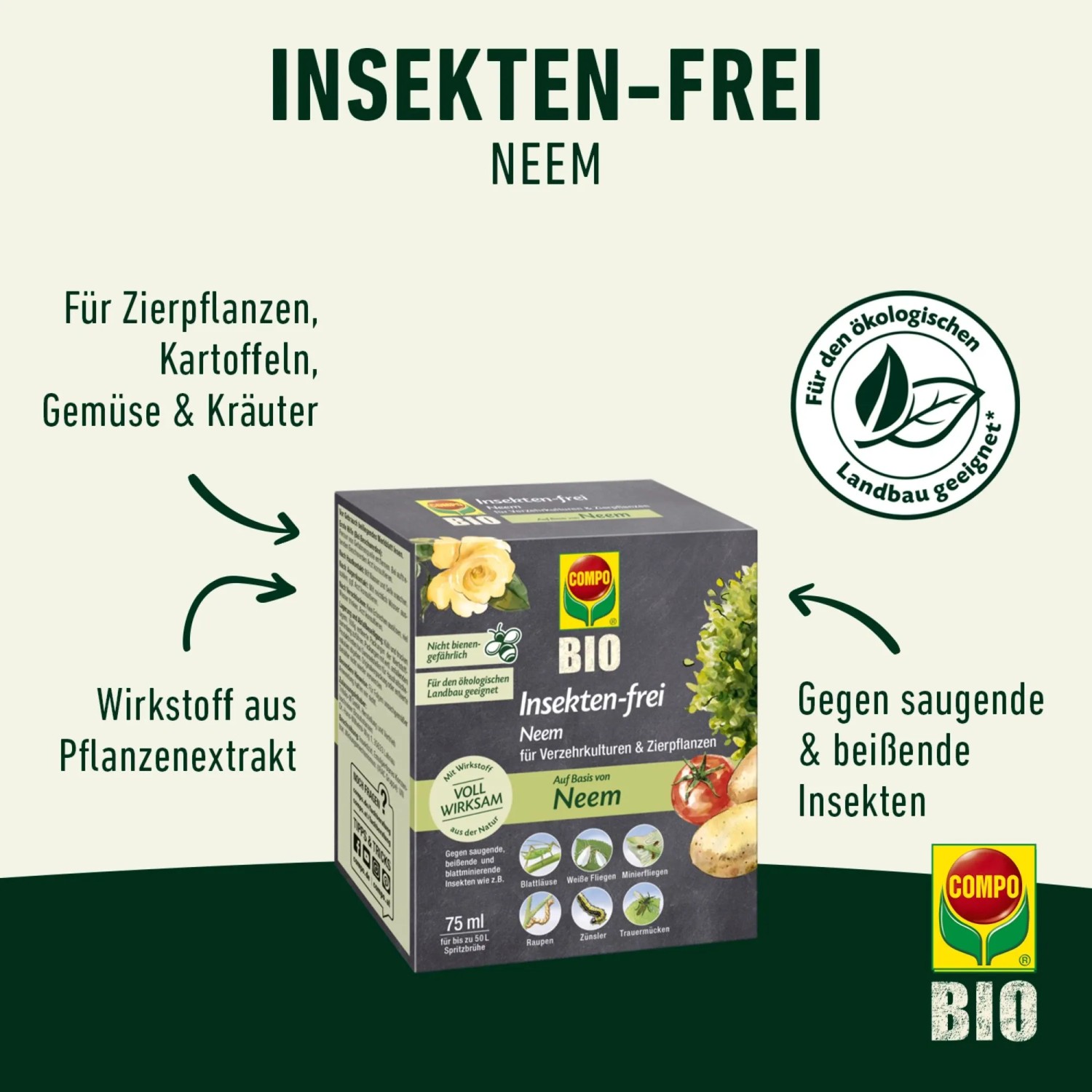 Compo Bio Insektenfrei Neem, Mittel gegen saugende und beißende Insekten, 75 ml.