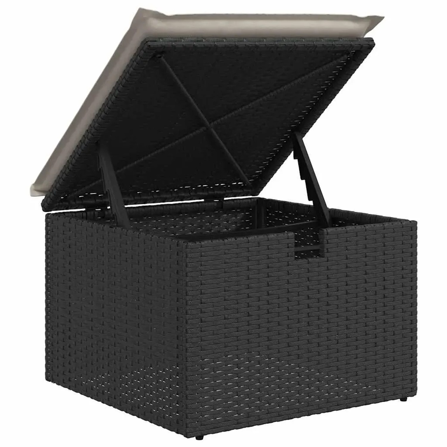 Schwarzer vidaXL Gartenmöbel Hocker aus Rattan mit wasserfestem Staufach und Kissen.