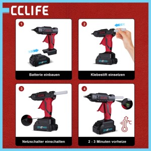 Anleitung zur CCLIFE Heißklebepistole: Batterie einsetzen, Klebestift einführen, einschalten, 2-3 Min. vorheizen für kabelloses Kleben.