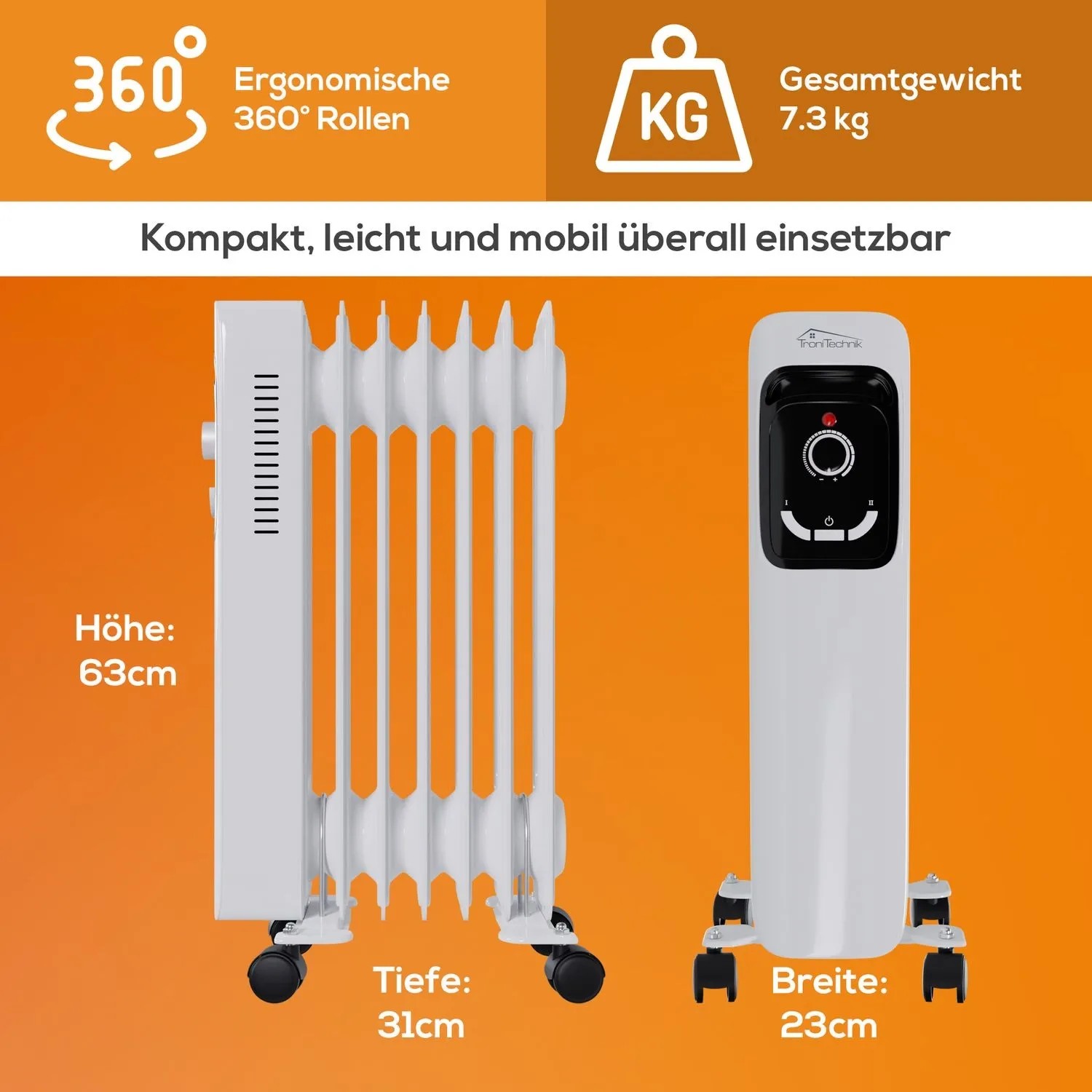 Weißer TroniTechnik Ölradiator TT OR 207 mit 7 Rippen und drei Heizstufen. Elektrische Heizung mit Rollen.