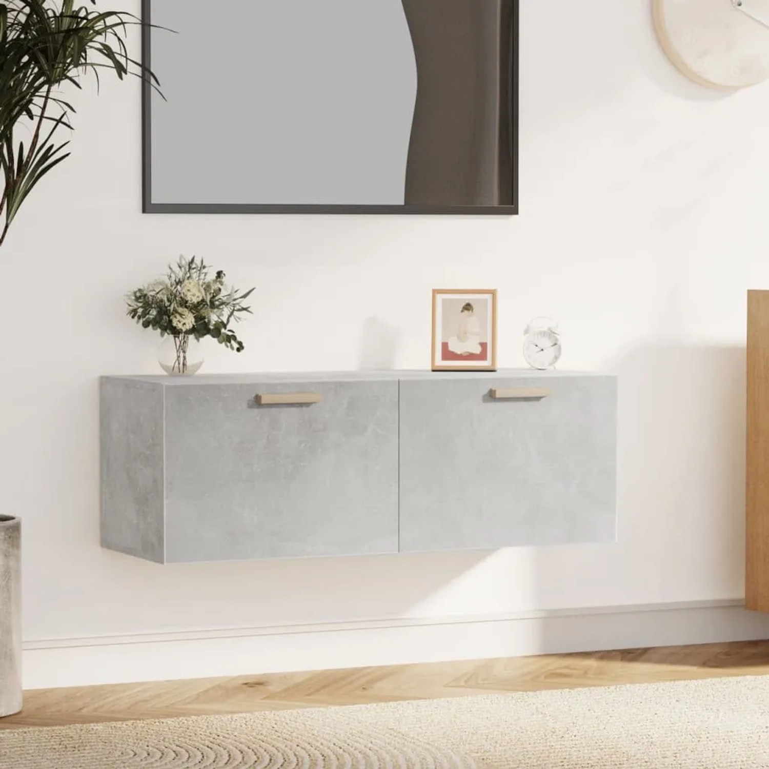 Betongrauer Wandschrank (100x37x35 cm) aus Holzwerkstoff, ideal für Büro oder Wohnraum.