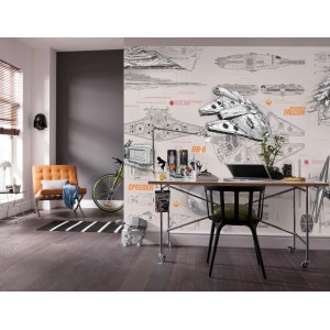 Zimmer mit Star Wars Fototapete Blueprints mit Millenium Falke und Raumschiffen.