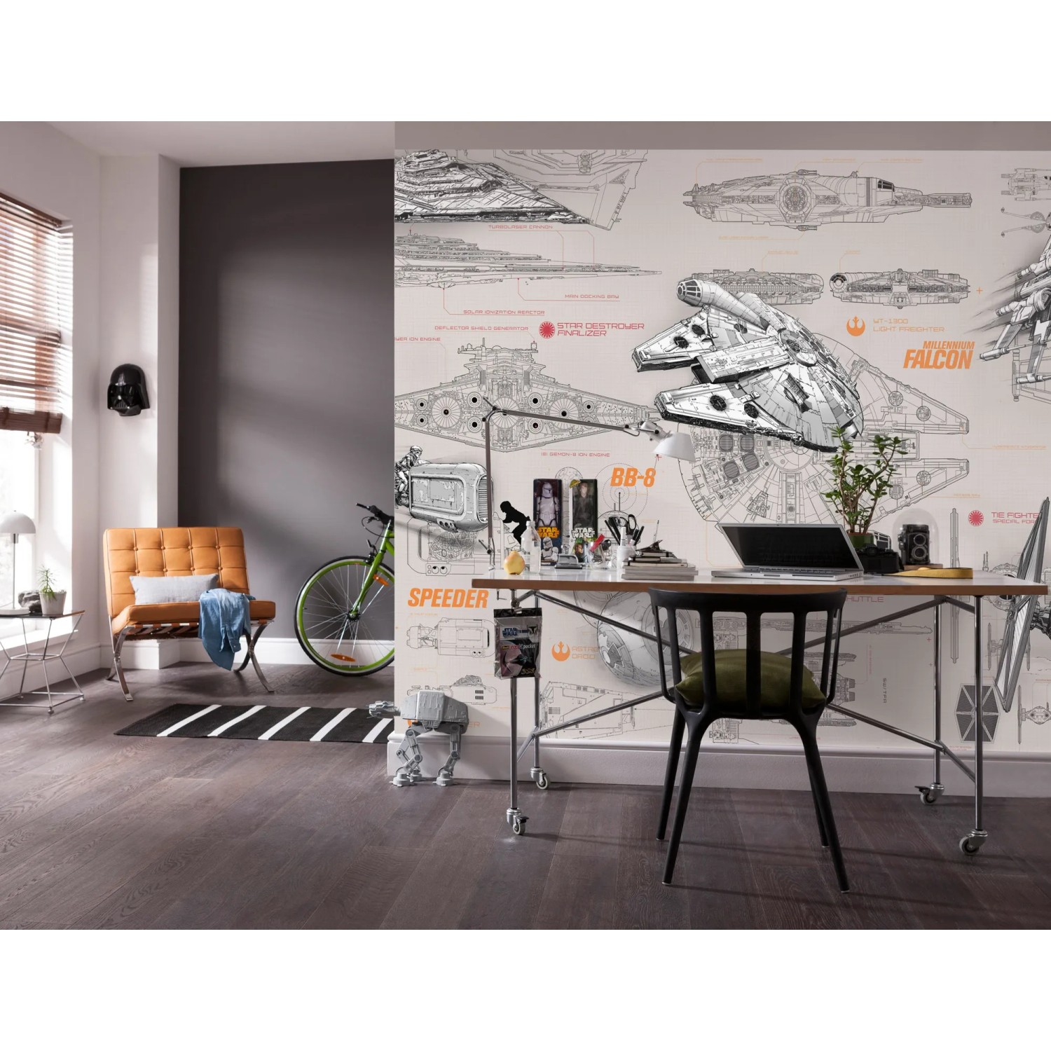 Zimmer mit Star Wars Fototapete Blueprints mit Millenium Falke und Raumschiffen.