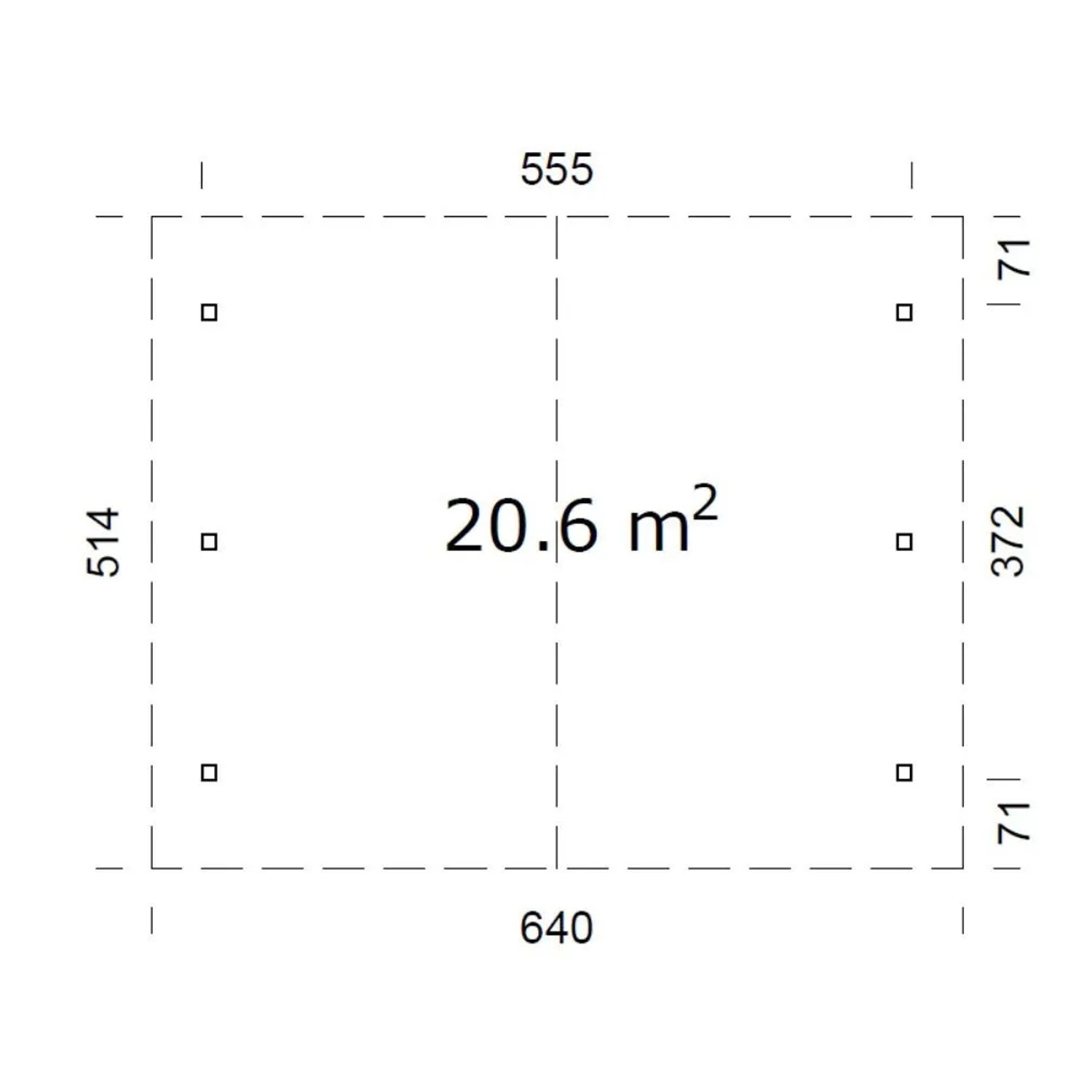 Grundriss Palmako Carport Robert, 555x372 cm, weiße Lackierung, Maße und Pfostenpositionen.