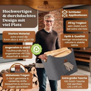 BLACK OAK Holzkorb MONTANA XL 60L Grau aus Filz mit Echtleder Applikationen – Kaminholzkorb für Brennholz Stabil mit Griffen Innenbereich