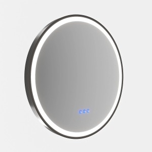 Runder LED Wandspiegel, 60 cm, mit schwarzem Aluminiumrahmen, Touchschalter, dimmbar und Antibeschlag.