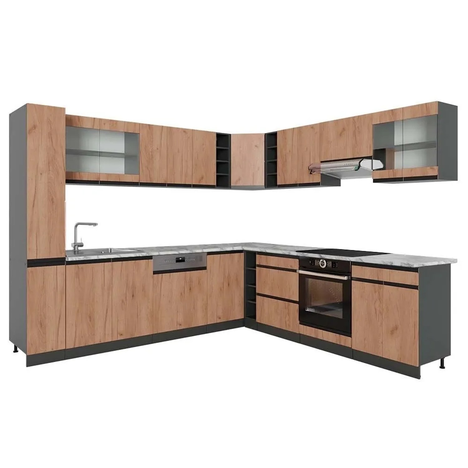 Vicco Eckküche R-Line Goldkraft Eiche/Anthrazit 277 x 82 J-Shape, AP Marmor