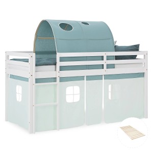 Homestyle4u Kinder Hochbett 90x200 mit Tunnel und Vorhang in Grün. Weißes Holzbett mit Lattenrost.