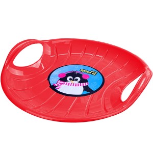 Roter Ondis24 Tellerschlitten Kamikaze mit Pinguin-Motiv, 60 cm Durchmesser.