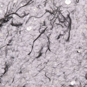 Terralith Baumwollputz Flüssigtapete BWP36: Nahaufnahme von hellem Effektputz mit dunklen Baumwollfasern und Glimmer.