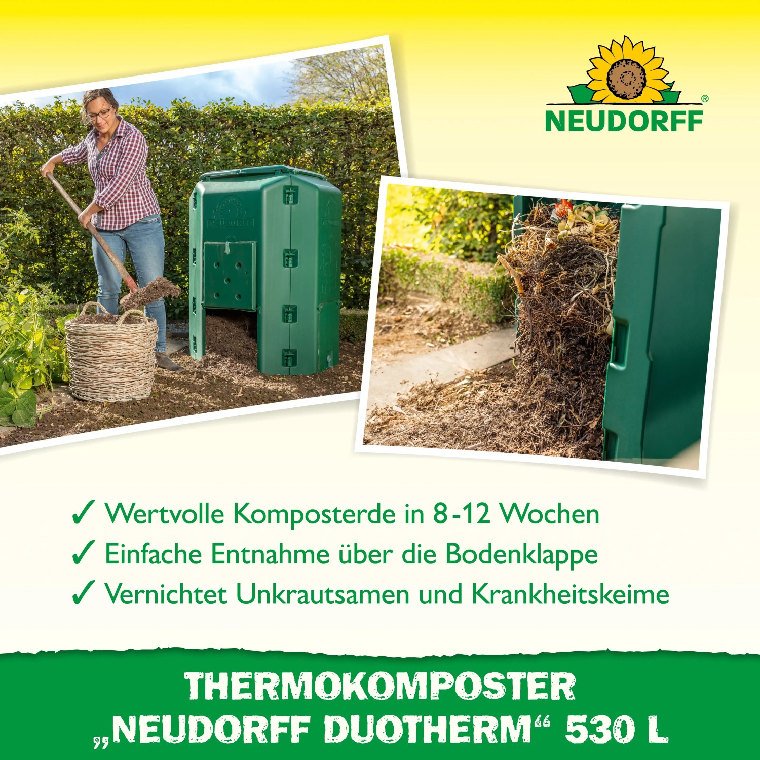 Neudorff Thermo-Komposter DuoTherm 530 l, grüne Komposttonne mit Frau beim Befüllen im Garten.