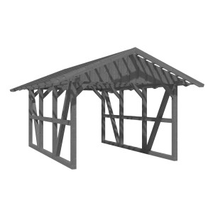 Grauer Skan Holz Carport Schwarzwald mit Dachlattung, Fachwerkbauweise.