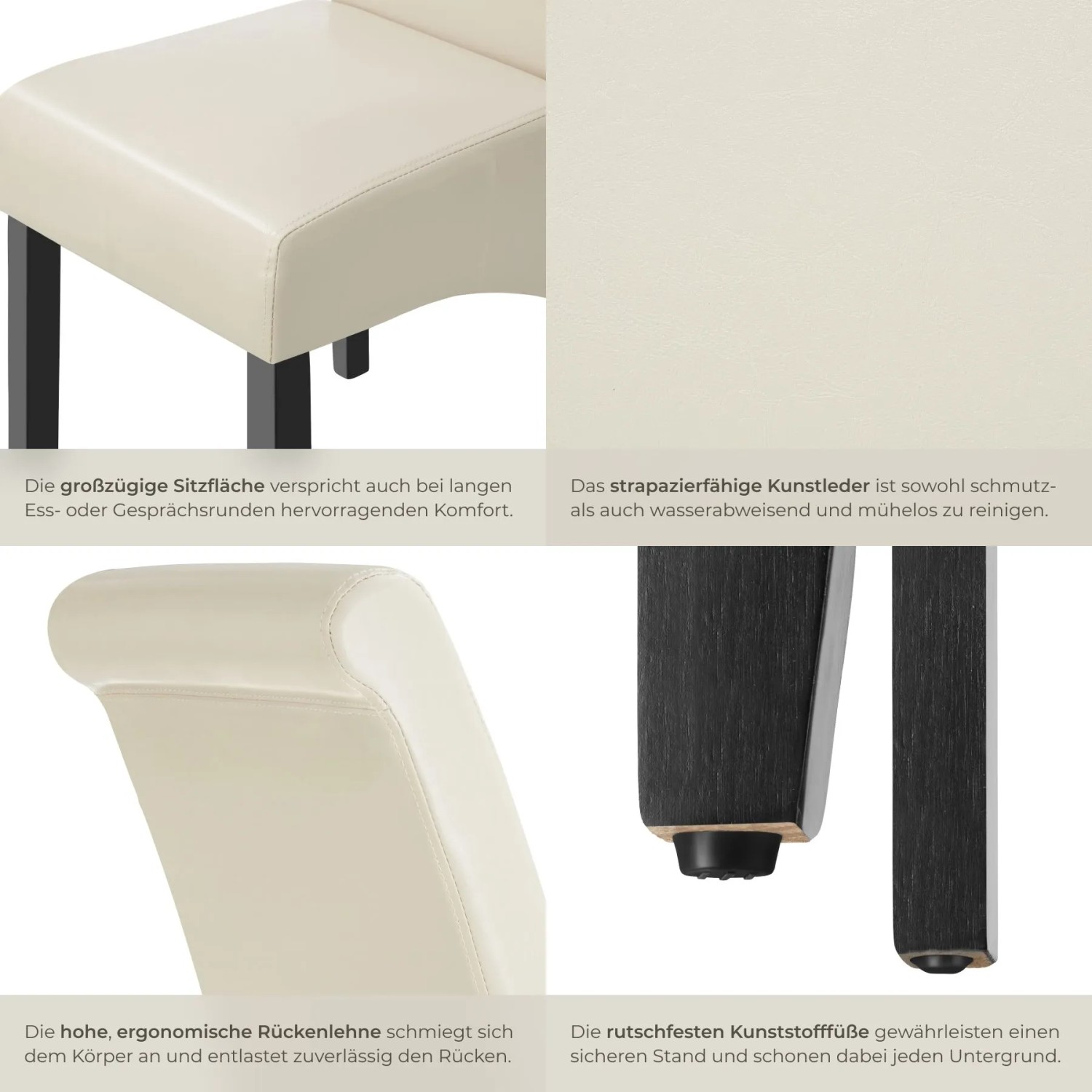 Tectake Esszimmerstuhl, 4er Set, creme. Gepolsterter Stuhl mit hoher Rückenlehne und Kunstlederbezug.