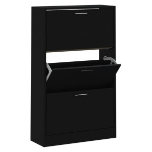 Schwarzer vidaXL Schuhschrank (63x24x103 cm) aus Holzwerkstoff mit drei Klappen.