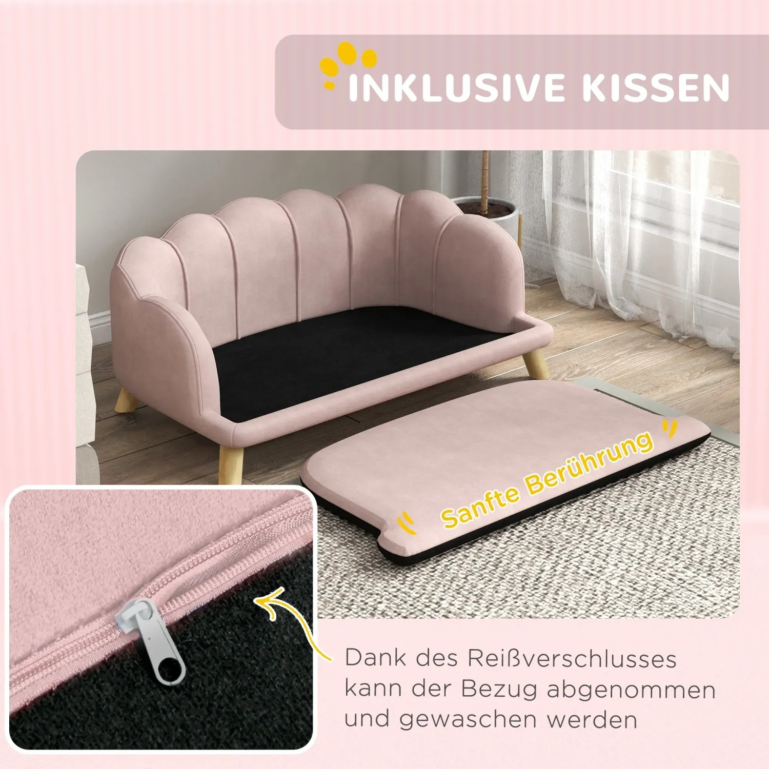 Rosa PawHut Hundesofa mit Kissen und abnehmbarem Bezug. Elegantes Hundebett für mittelgroße bis große Hunde.