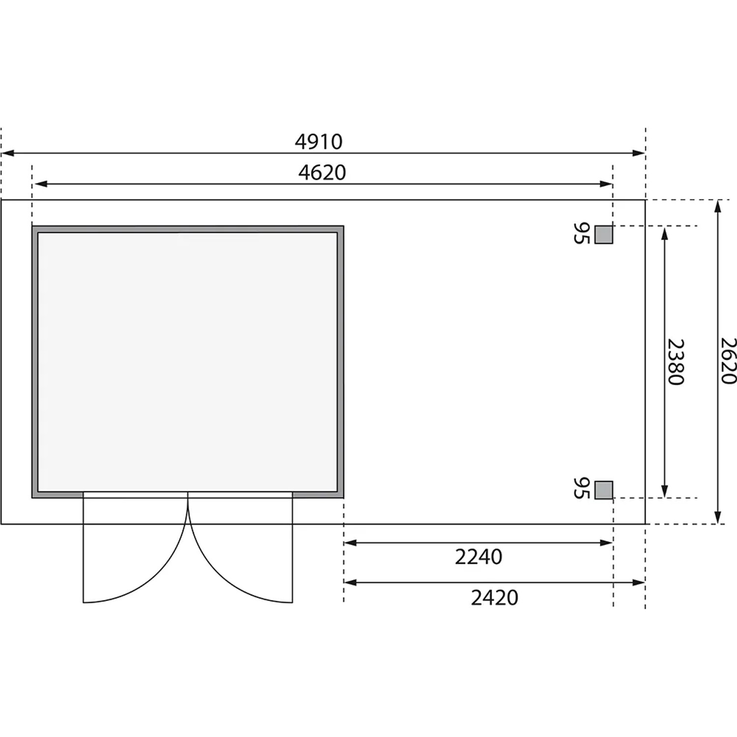 Skizze Karibu Holz-Gartenhaus Boras Natur, Flachdach, Maße 238x242cm.
