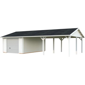 Weiße Palmako Garage Roger mit Sektionaltor und Carport aus Holz.