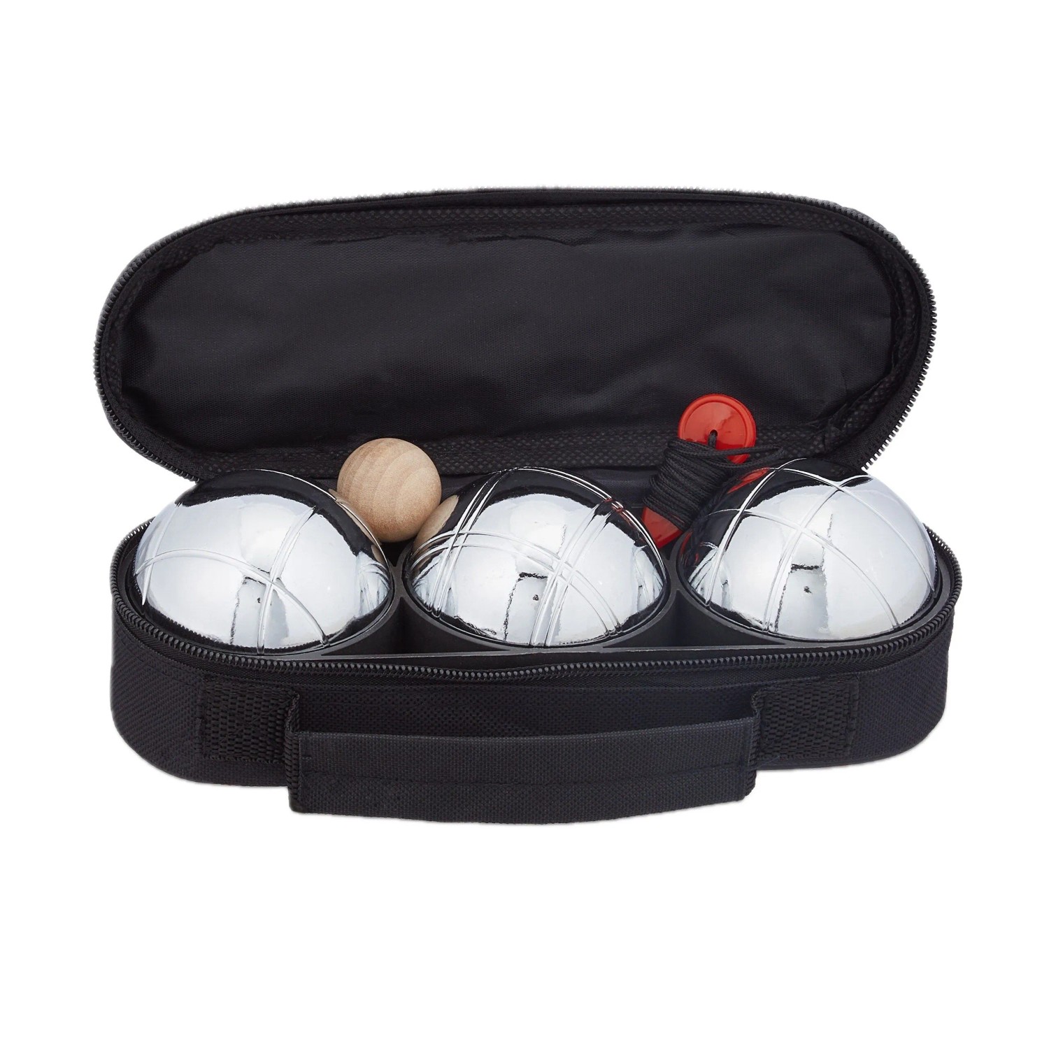 Relaxdays Boule Kugel Set Stahl Silber mit Tragetasche und Abstandsmesser 7 cm 2,3 kg